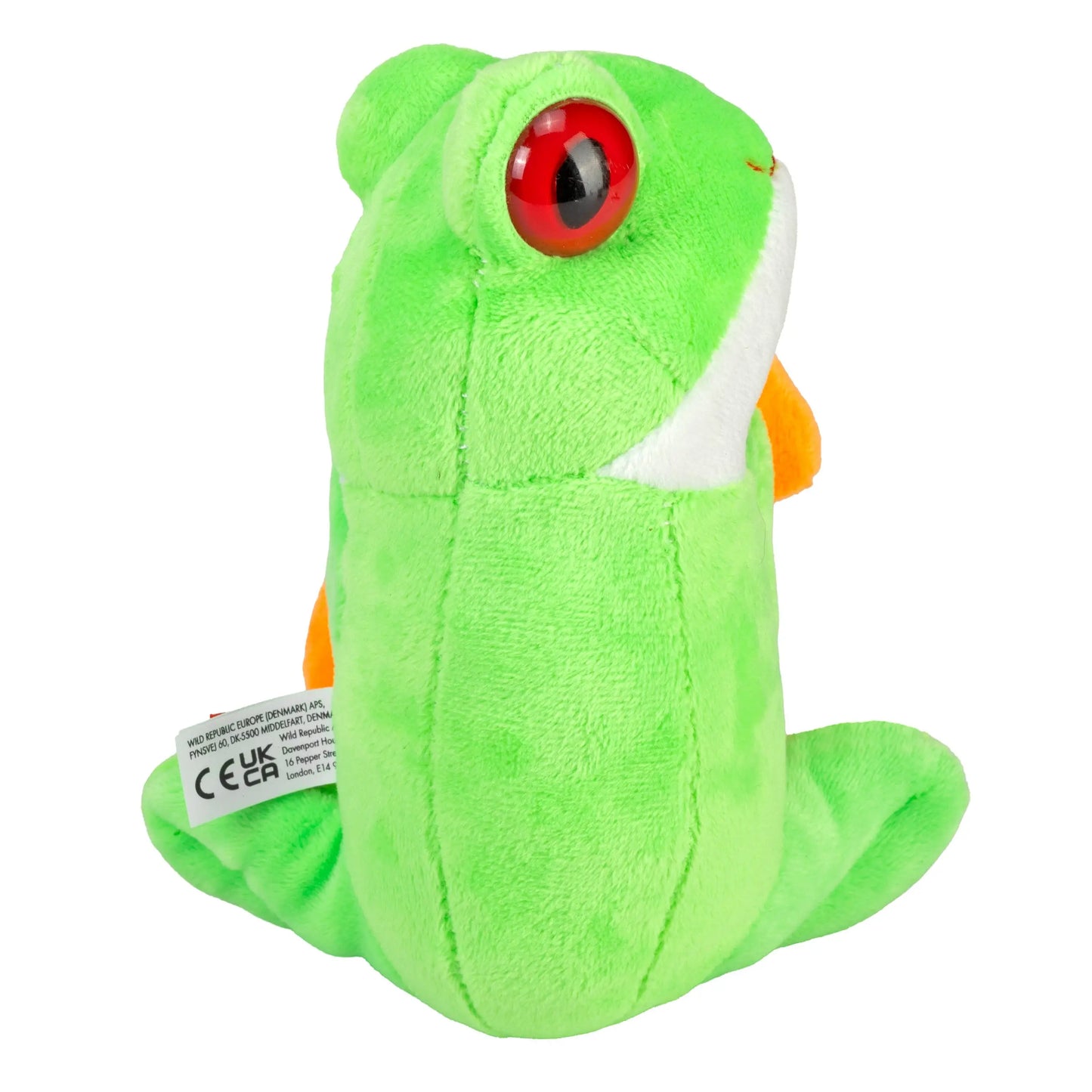 Green plush toy with a red eye on a white background