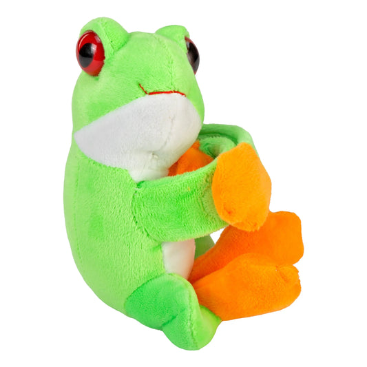 Plush frog toy with red eyes on a white background