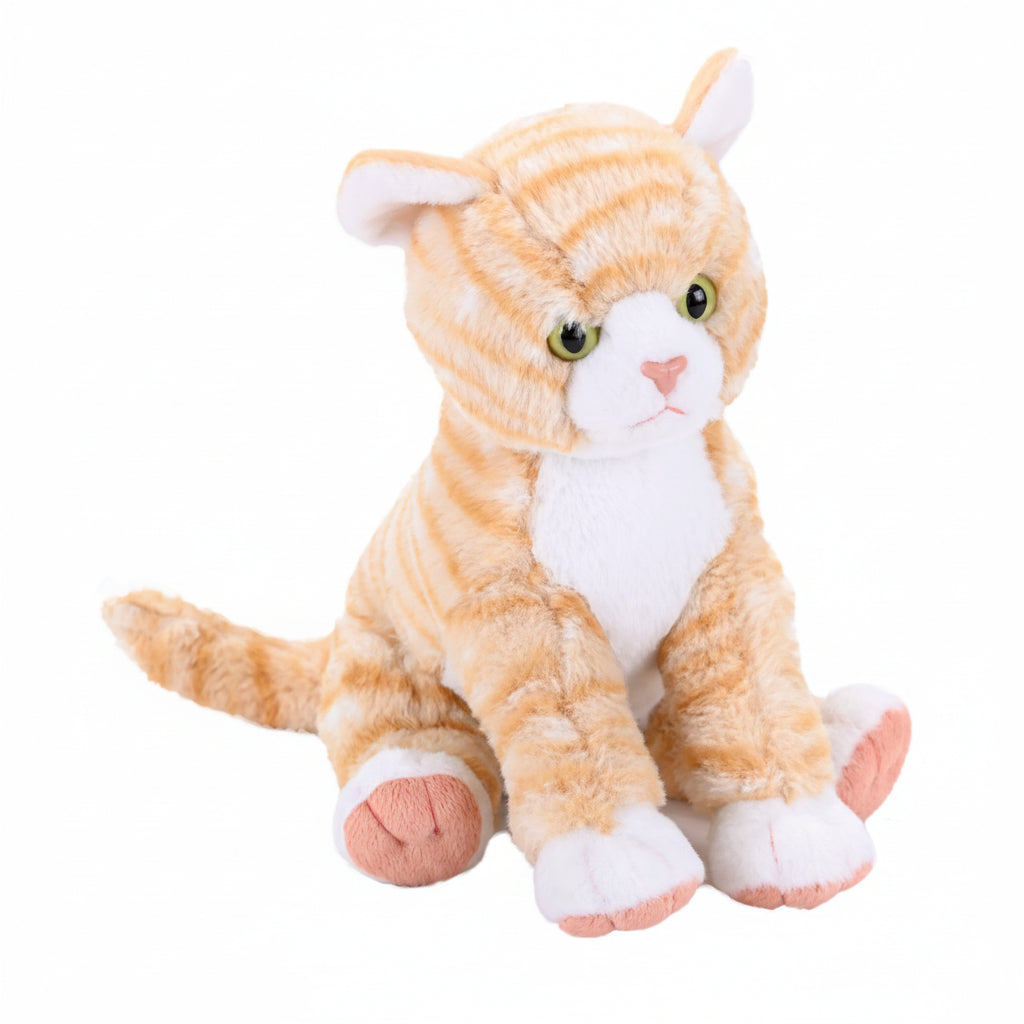 Plush toy cat with orange and white stripes on a white background