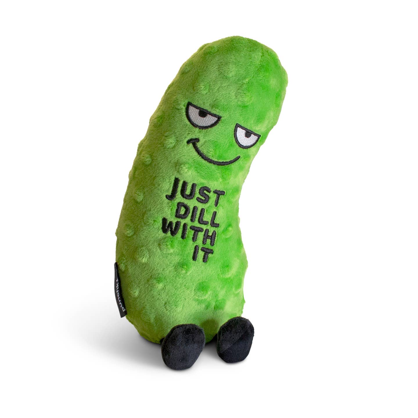 Plush pickle toy with a face and text 'Just Dill With It' on a white background