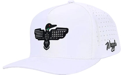 White cap with loon logo and 'Waggle' branding on a white background