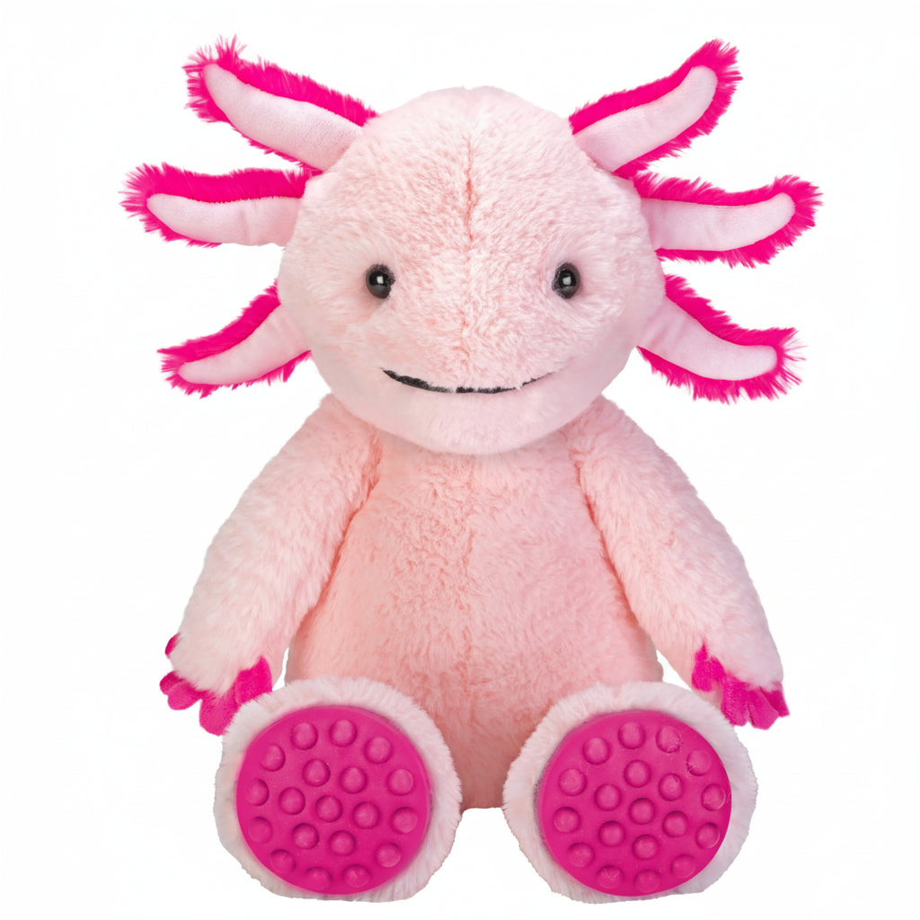 Pink plush axolotl toy with pink hair on a white background