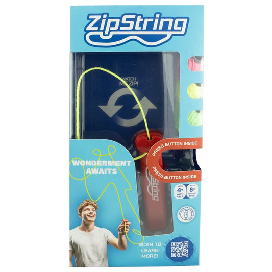 ZipString product packaging with blue background and visible branding
