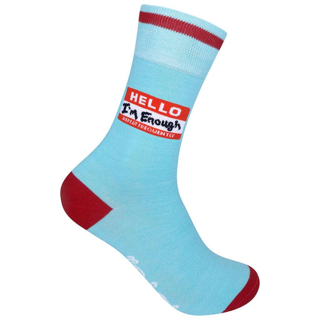 Funatic Socks – Hello I'm Enough, Repeat Frequently – Funny Novelty Crew Socks