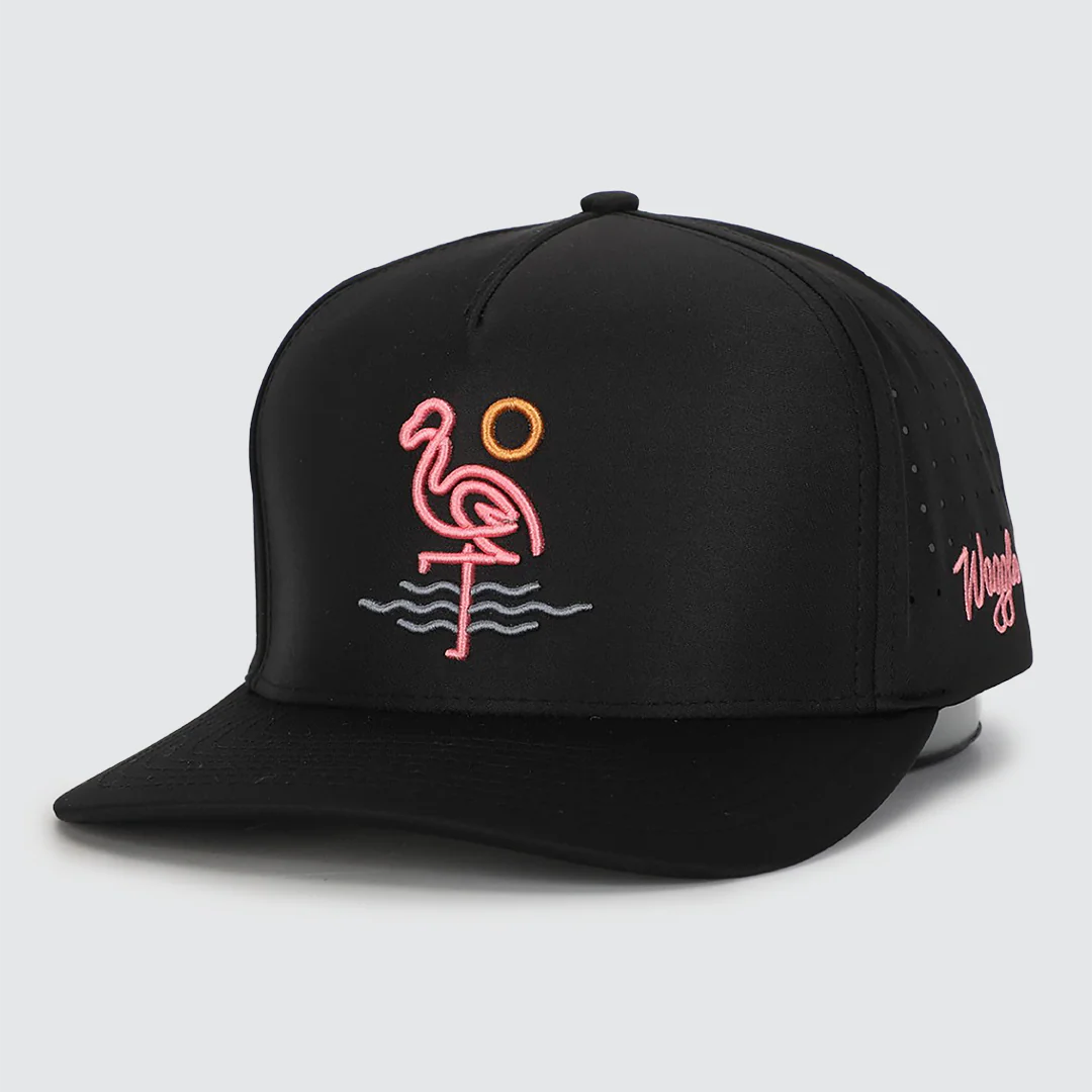 Black cap with pink flamingo design on a light gray background