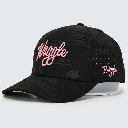 Black cap with pink 'Waggle' branding on a light gray background