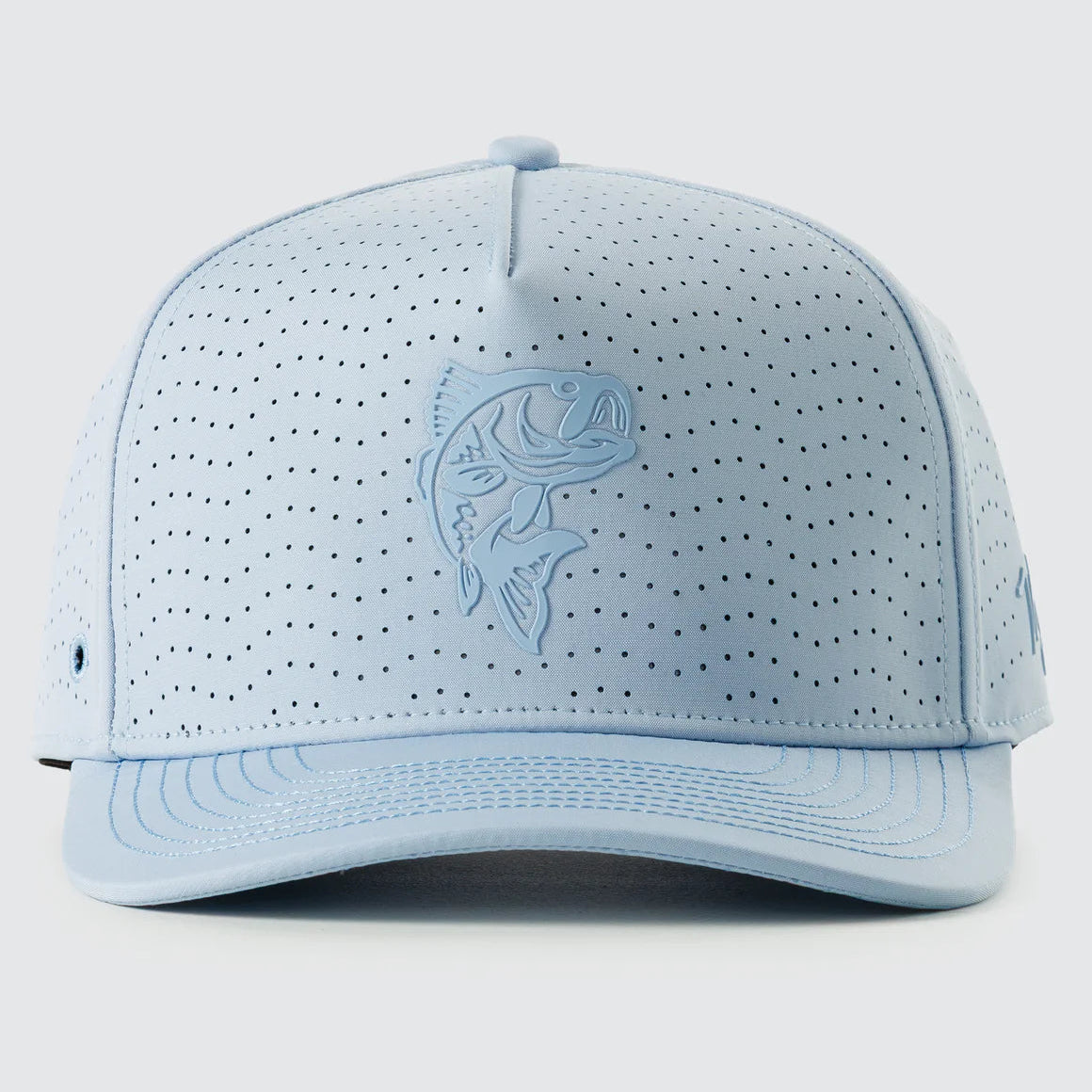 Light blue cap with a fish logo on a light gray background