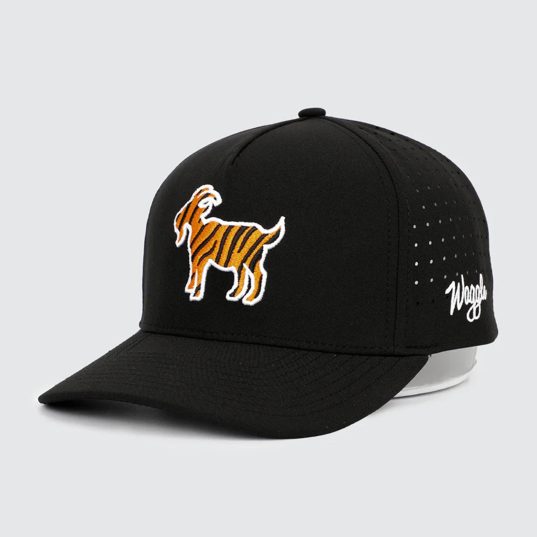 Black cap with a GOAT logo on a light gray background, Waggle brand