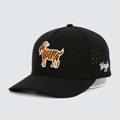 Black cap with a GOAT logo on a light gray background, Waggle brand