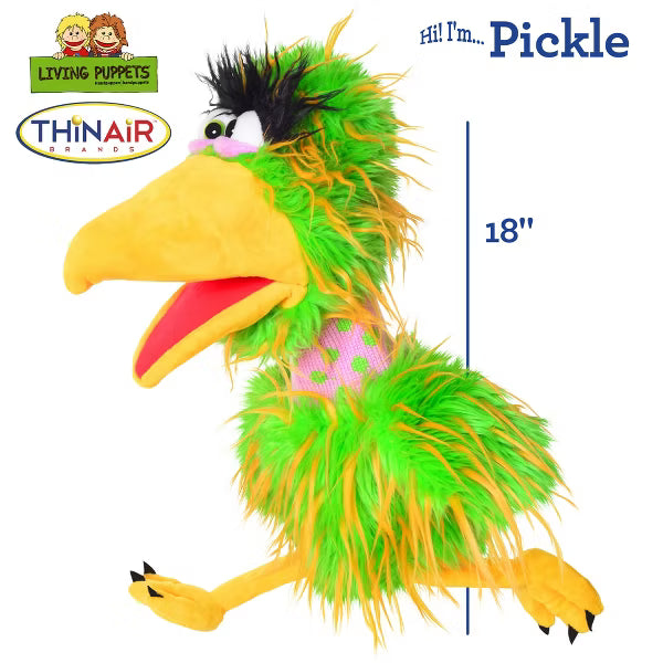 Living Puppets: Pickle The Bird Green-Yellow Plush Hand Puppet, Handmade Pal