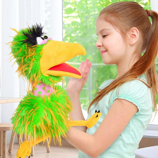 Living Puppets: Pickle The Bird Green-Yellow Plush Hand Puppet, Handmade Pal