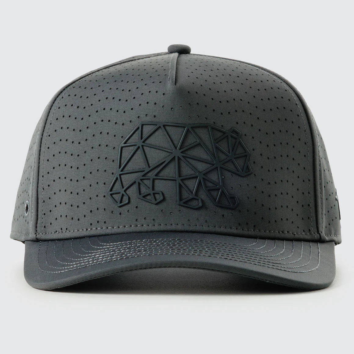 Gray cap with geometric bear design on a light gray background
