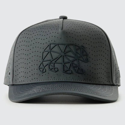 Gray cap with geometric bear design on a light gray background
