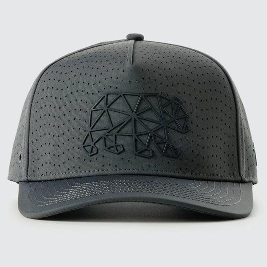 Gray cap with geometric bear design on a light gray background