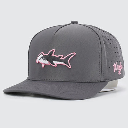 Gray cap with shark embroidery and 'Waggle' branding on a light gray background