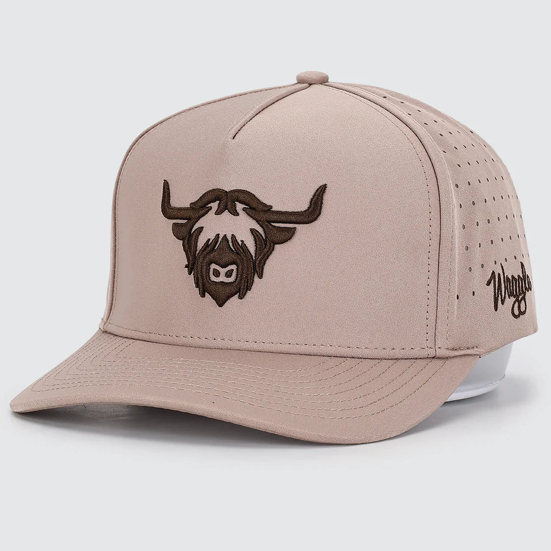 Beige cap with a highland cow logo on a light gray background, Waggle brand