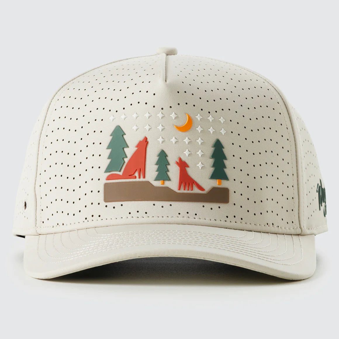 Beige cap with nature-themed design featuring trees and animals on a white background