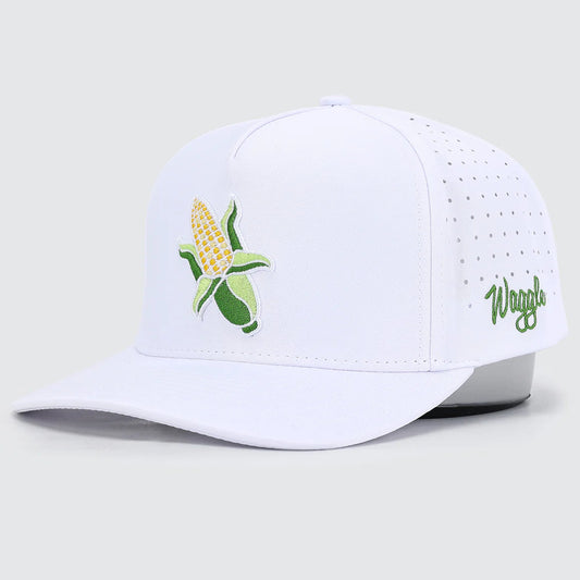 White cap with corn design and 'Waggle' branding on a light gray background