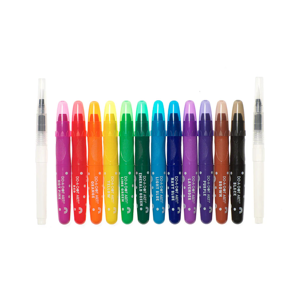 DO•A•DOT ART! Rainbow Bright Watercolor Crayons – 12 Colors with 2 Refillable Water Brushes
