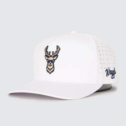 White cap with deer logo and 'Waggle' branding on a light gray background