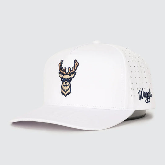 White cap with deer logo and 'Waggle' branding on a light gray background
