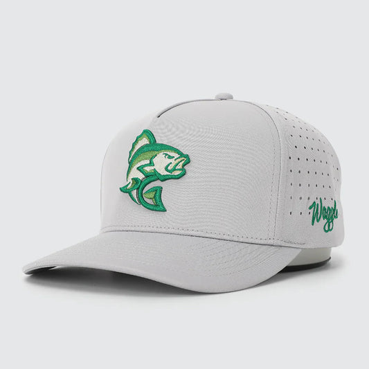 Gray cap with green fish largemouth bass logo and text on a white background, Waggle brand