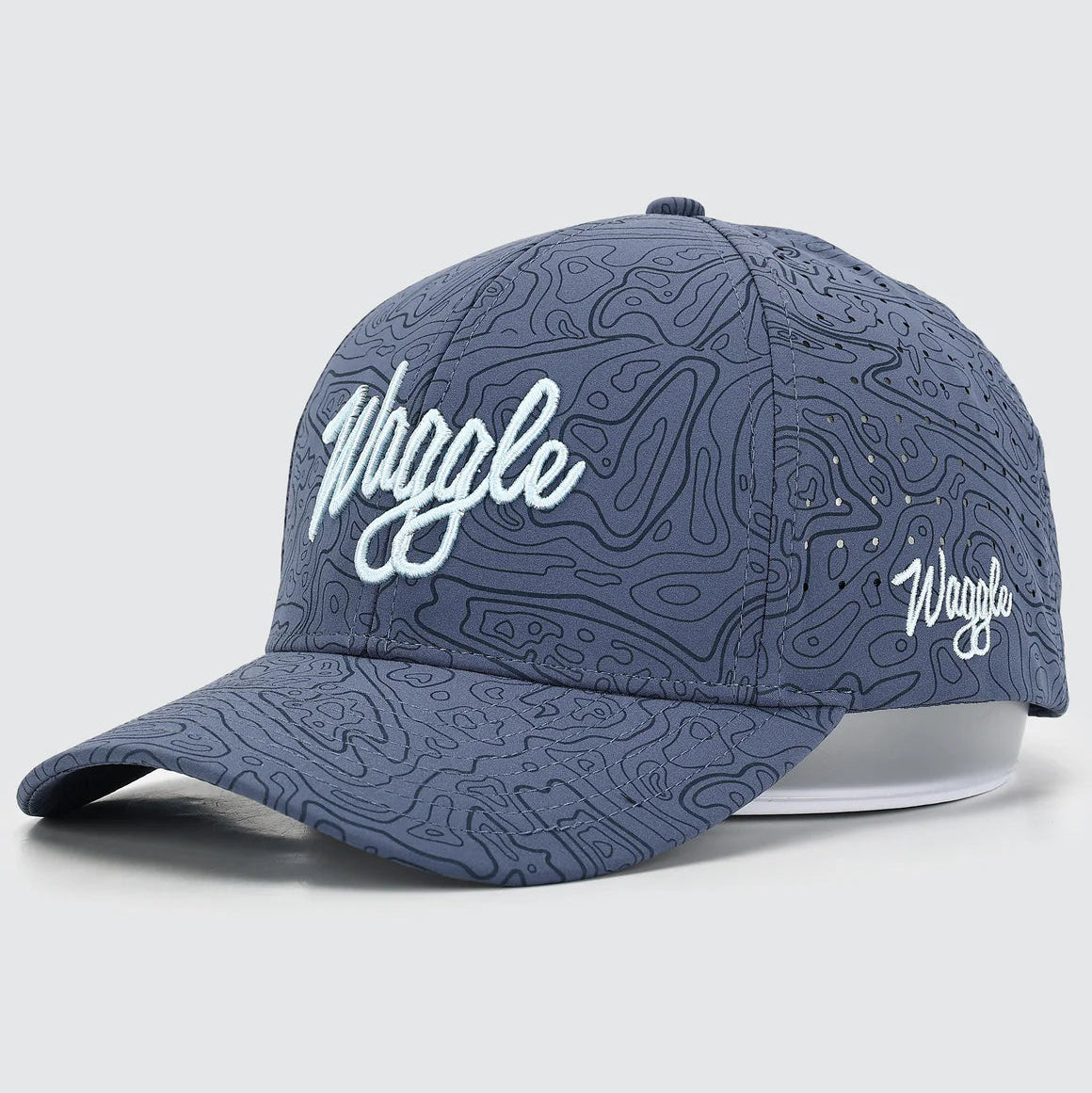 Blue cap with white text on a light gray background