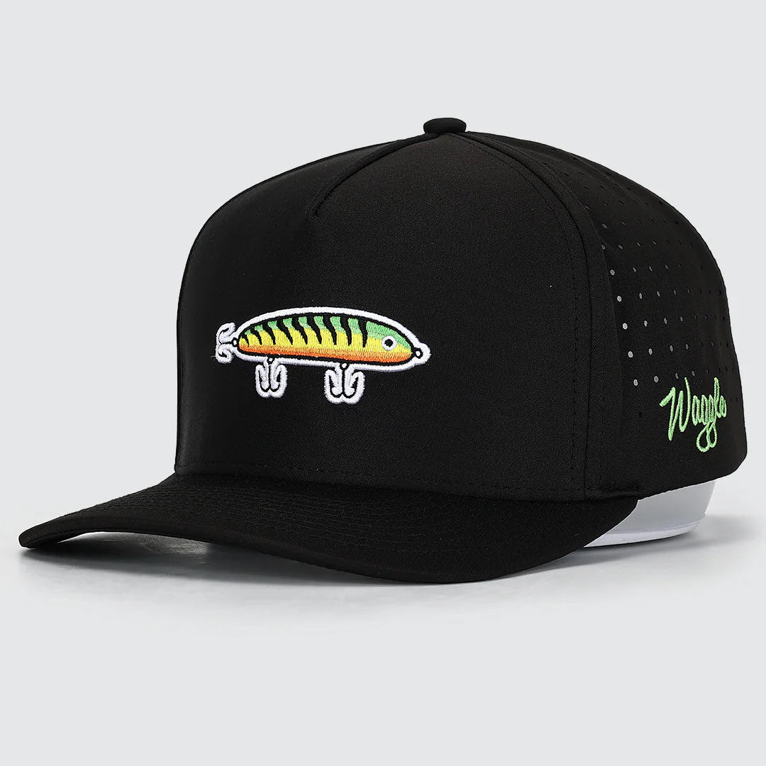 black snapback cap with fishing lure logo on front, Waggle brand