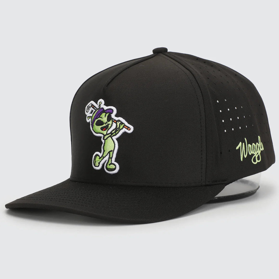 Black cap with a cartoon character and 'Waggle' logo on a light gray background