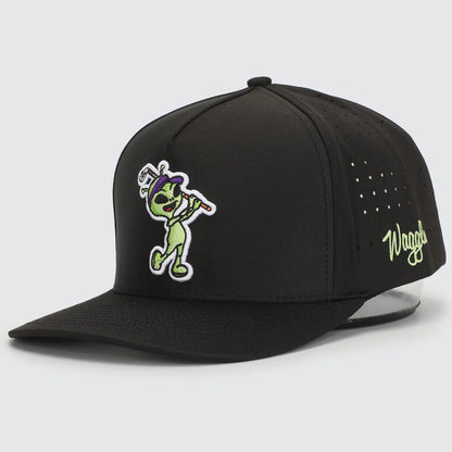 Black cap with a cartoon character and 'Waggle' logo on a light gray background