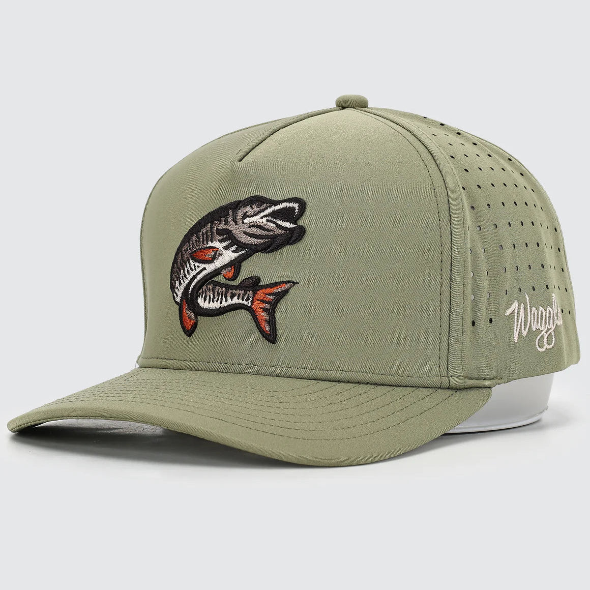 Green cap with muskie fish emblem and 'Waggle' branding on a white background