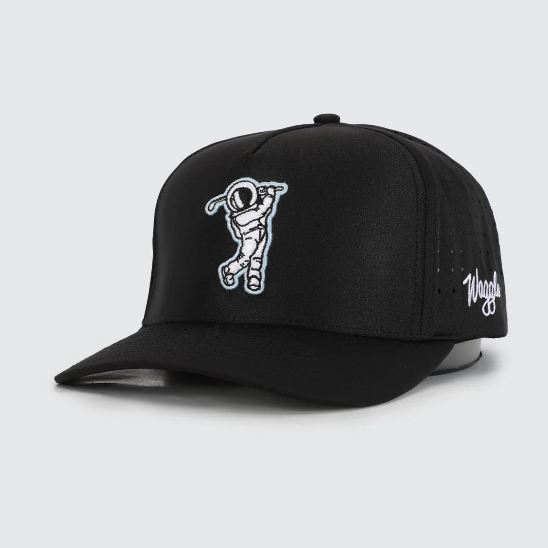 Black cap with white golfing Astro naught logo on a light gray background, waggle brand