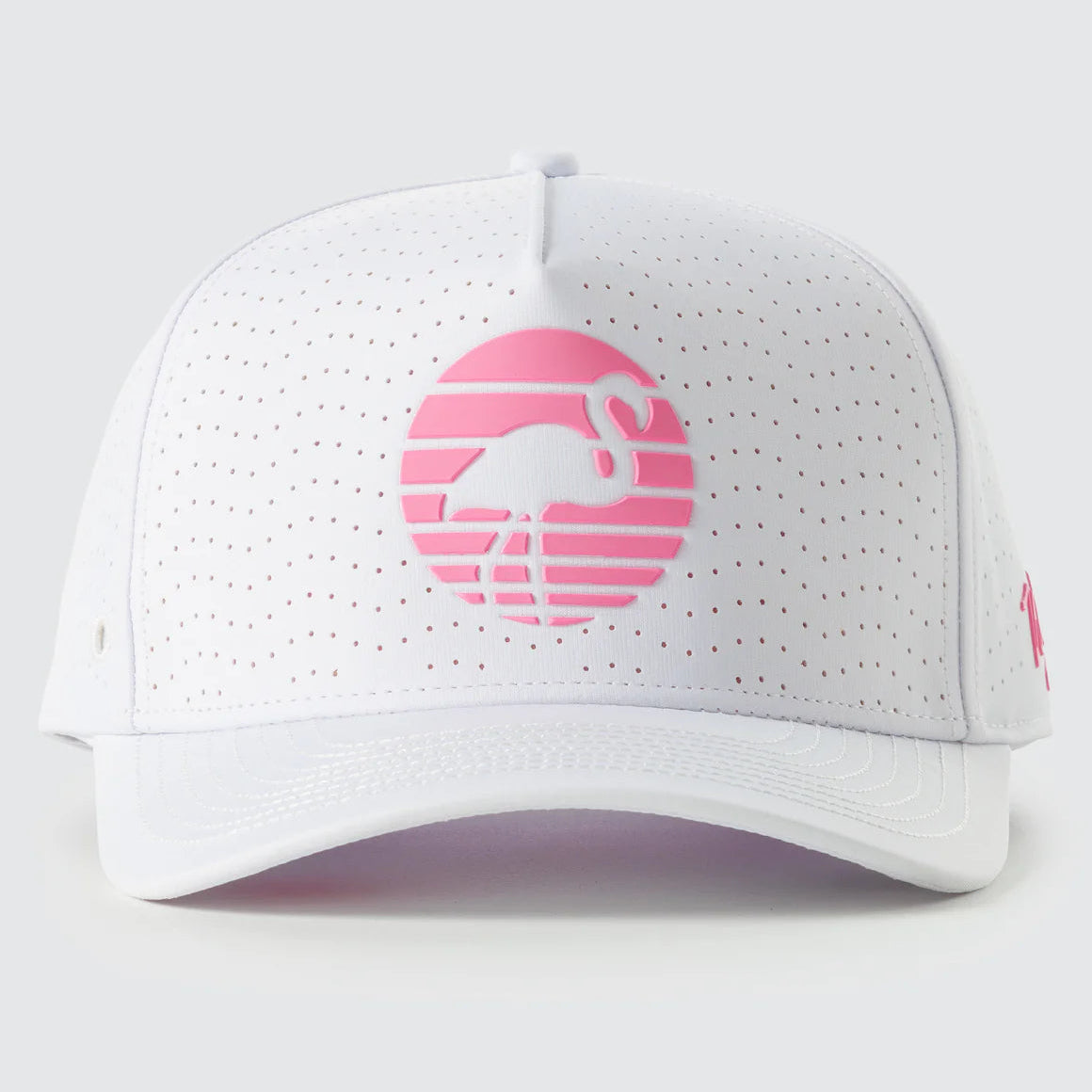 White cap with pink logo on a light gray background