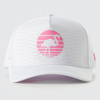White cap with pink logo on a light gray background