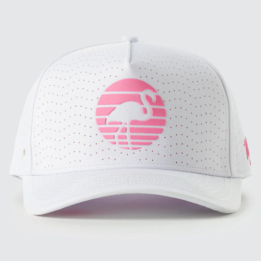 White cap with pink logo on a light gray background