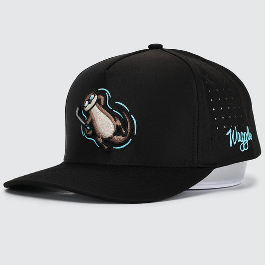 Black cap with a embroidered design on a white background
