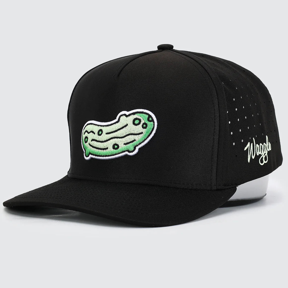 Waggle brand black snapback hat with a pickle embroidered image on the front