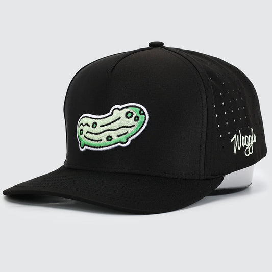 Waggle brand black snapback hat with a pickle embroidered image on the front