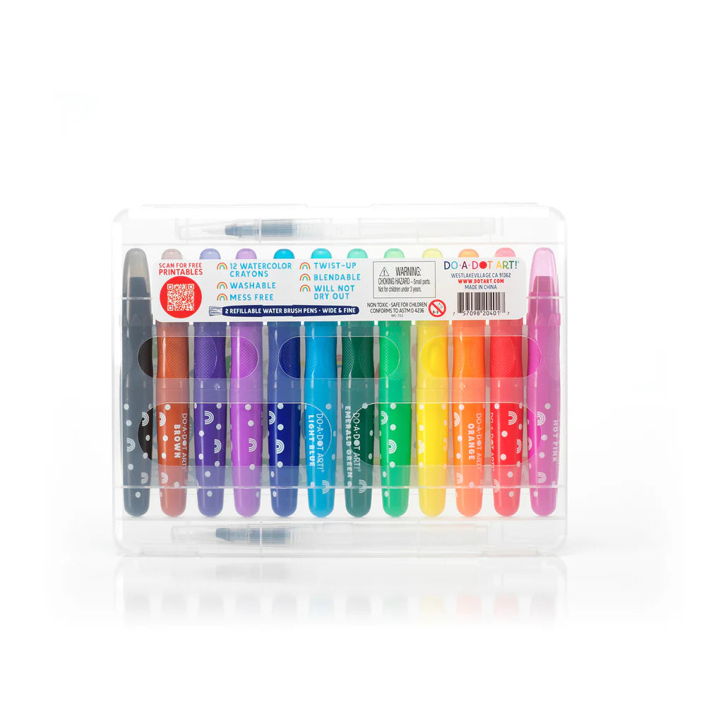 DO•A•DOT ART! Rainbow Bright Watercolor Crayons – 12 Colors with 2 Refillable Water Brushes