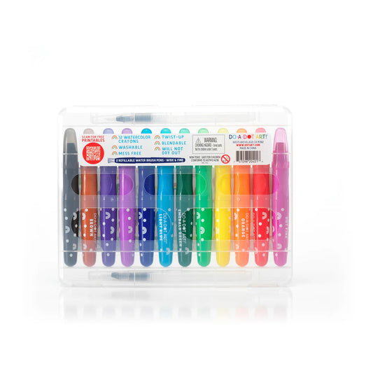 DO•A•DOT ART! Rainbow Bright Watercolor Crayons – 12 Colors with 2 Refillable Water Brushes