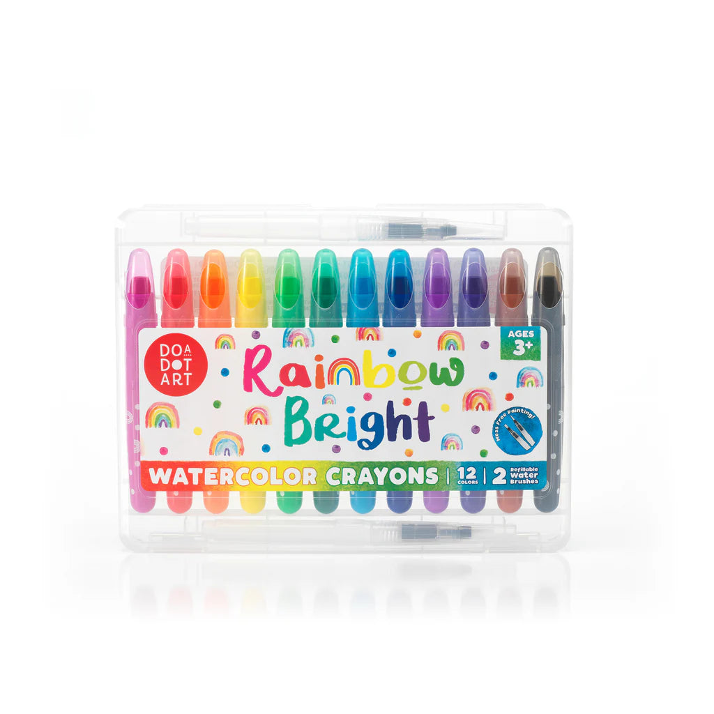 DO•A•DOT ART! Rainbow Bright Watercolor Crayons – 12 Colors with 2 Refillable Water Brushes