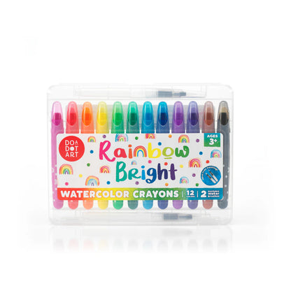 DO•A•DOT ART! Rainbow Bright Watercolor Crayons – 12 Colors with 2 Refillable Water Brushes