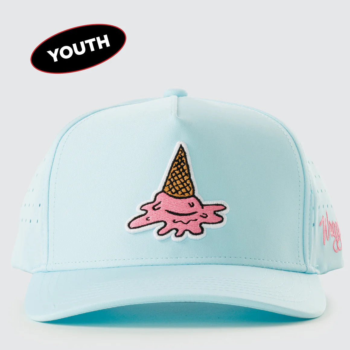Light blue cap with pink ice cream cone design on a white background