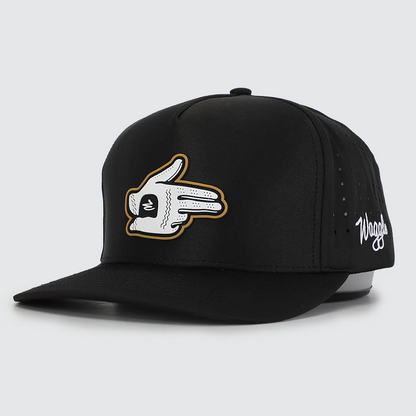 Black cap with a shooter mcgavin hand gesture logo and 'Waggle' branding on a light gray background