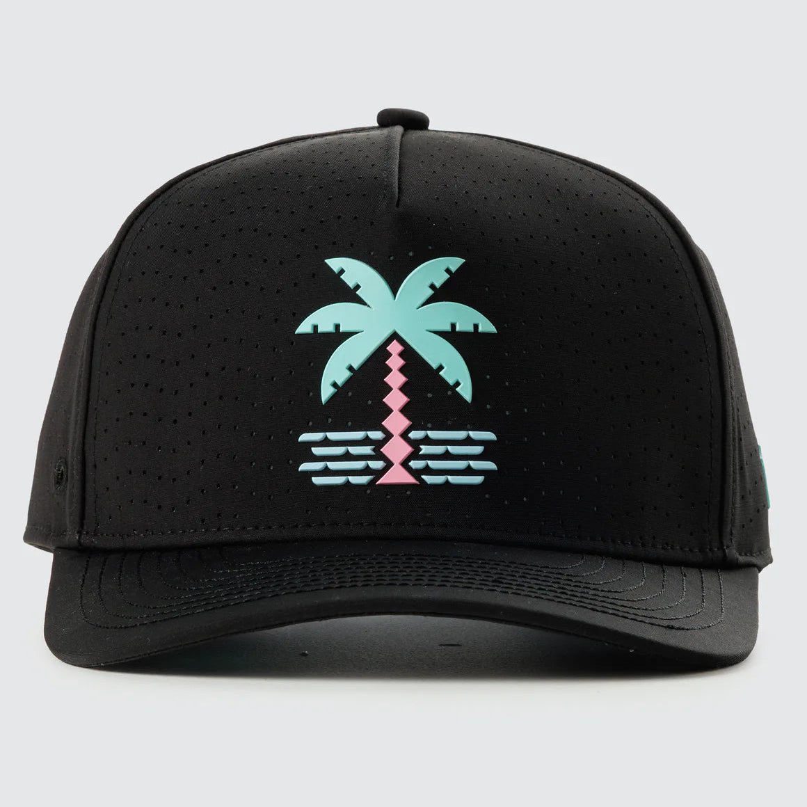 Black cap with a palm tree design on a white background