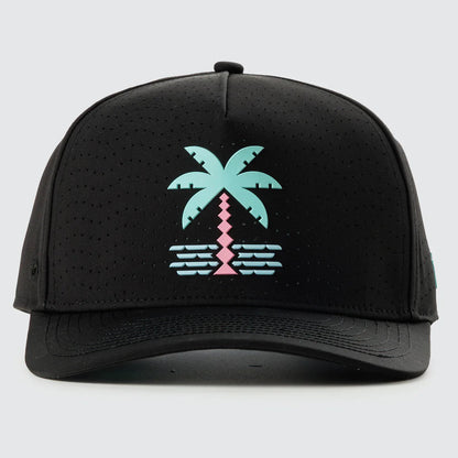 Black cap with a palm tree design on a white background