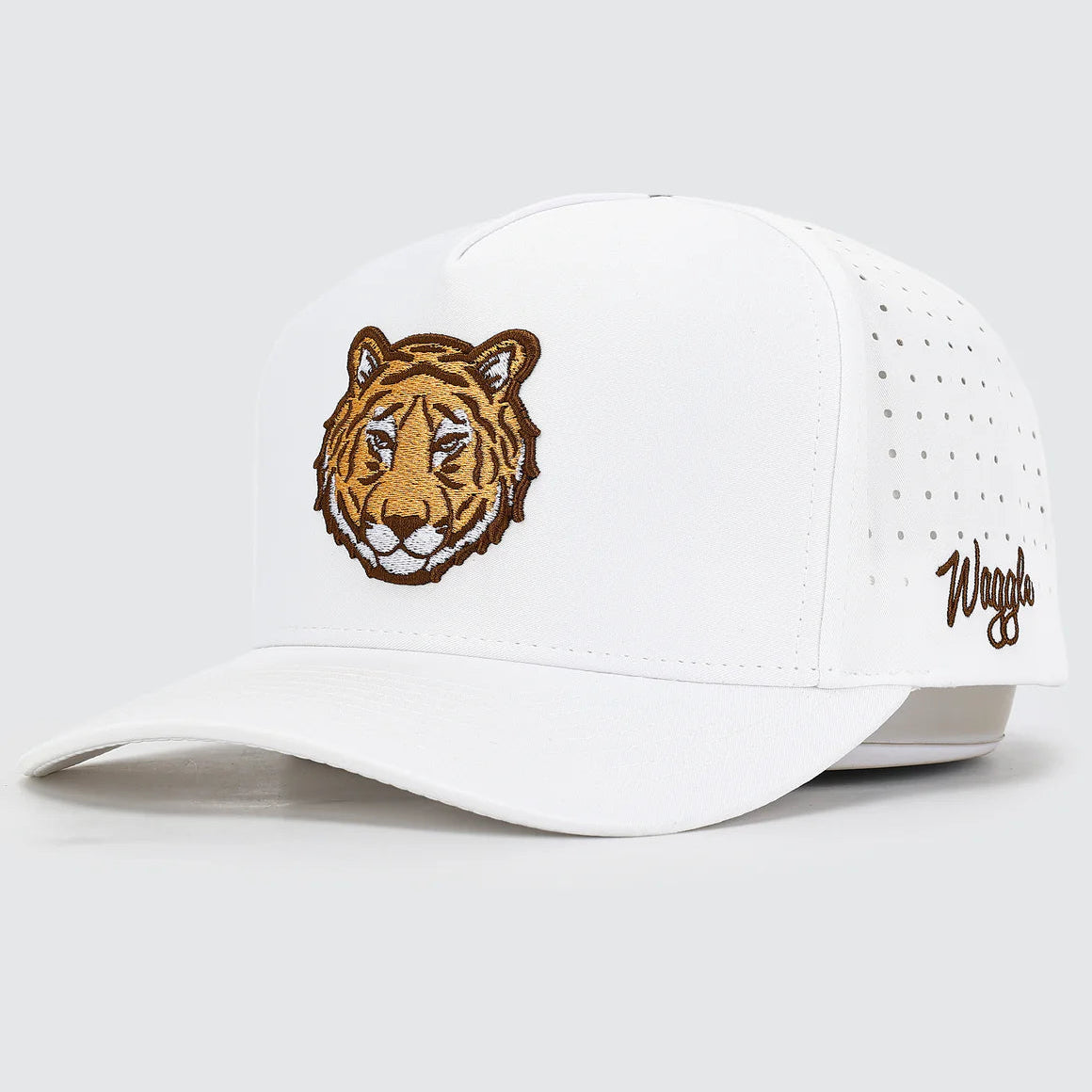 White cap with tiger emblem and 'Waggle' branding on a white background