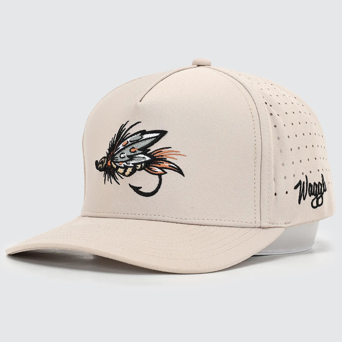 Beige cap with fly fishing lure design on a white background