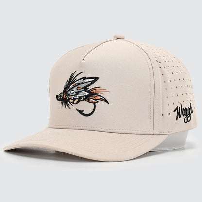 Beige cap with fly fishing lure design on a white background