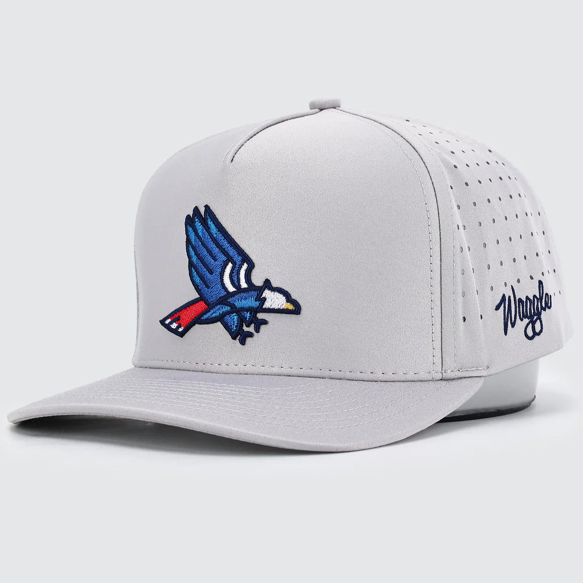 Gray cap with an eagle logo and 'Waggle' branding on a white background